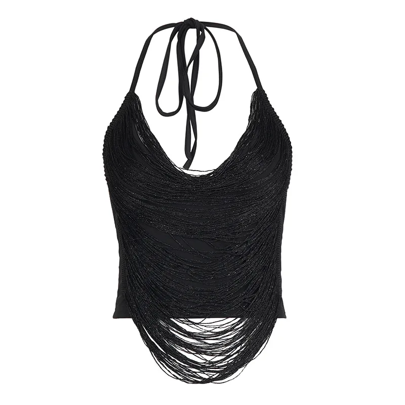 New sexy hot girl street style lace up tassel hanging neck sling women's fashionable retro hollowed out top
