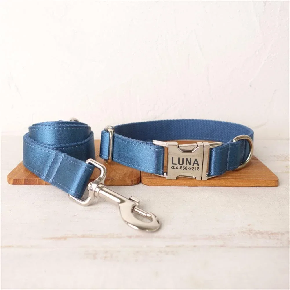 Personalized Dog Collar with Free Engraving, Matching Pet Leash,Customzied Contacts Metal Buckle, Shiny Sea Blue Pet Collar