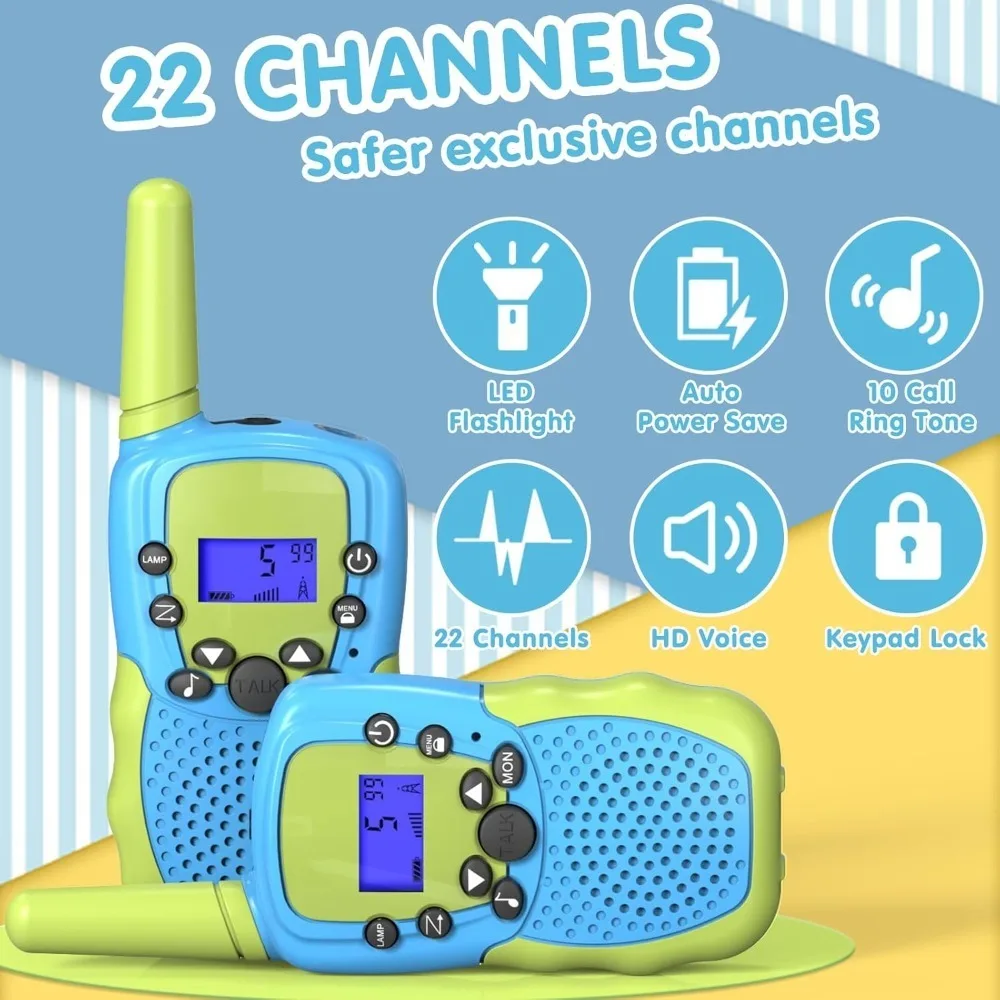 Crianças walkie talkies 3-12 anos de idade meninos meninas 22 canais brinquedos de rádio em dois sentidos com lcd retroiluminado para acampamento ao