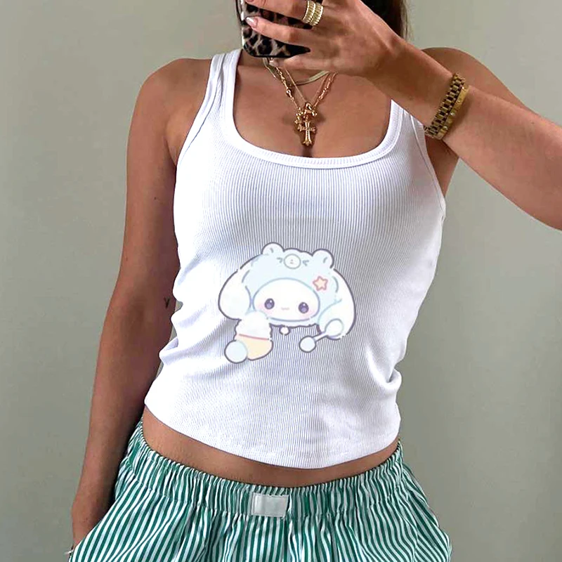 Cinnamoroll Sanrio Sweet Girls Anime Cartoon Print Tops Summer Casual Y2K Slim Fit Versatile T-Shirts Vest Tops