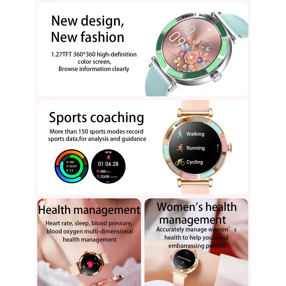 ساعة ذكية لمالك الوقت 2024 للنساء، جهاز تتبع معدل ضربات القلب وضغط الدم، مكالمة صوتية، ساعة ذكية عصرية مقاومة للماء