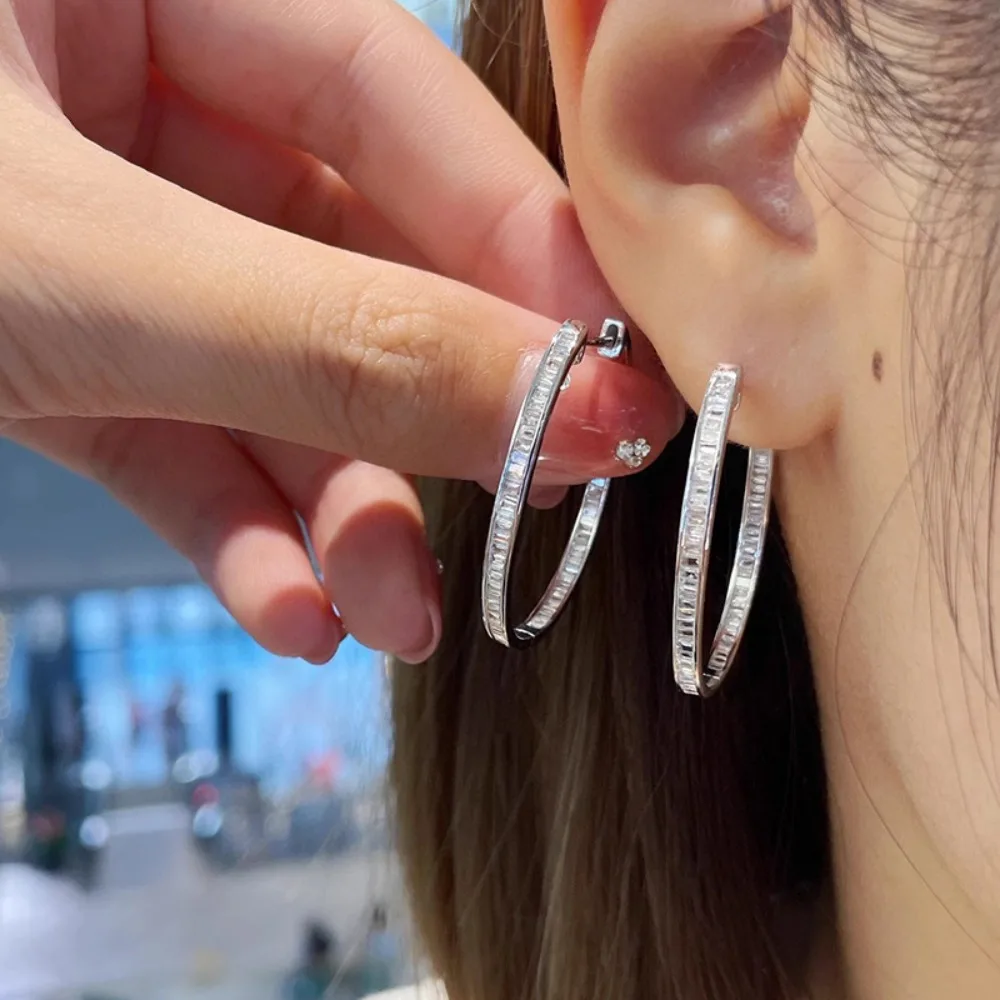 Minimalist Pave Large Thin Hoop Earrings Silver Color Rectangle Zircon Circle Leverback Earrings for Women Jewelry Accessories