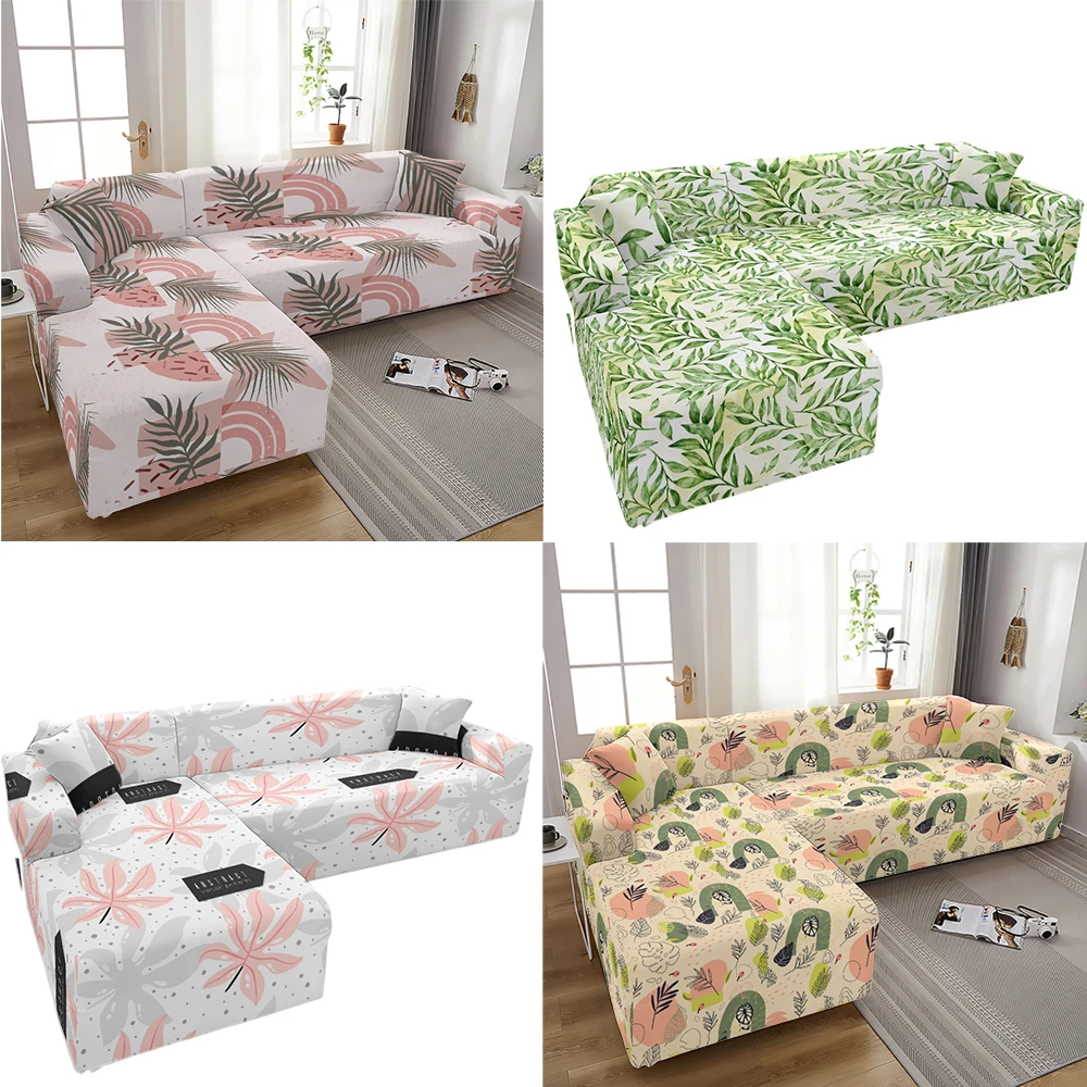 Plant Leaves Painted   Cover Sofa L Shape Anti-Dust Corner Shaped Chaise Elastic Sofa Seat Cover Longue Sofa Slipcover 1Pc