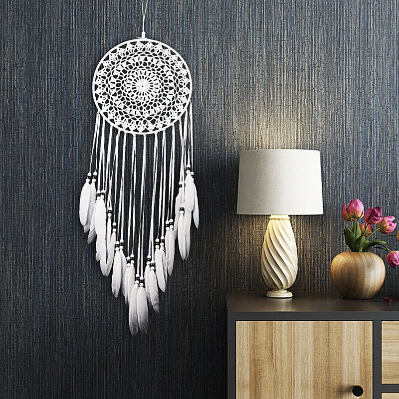 White Dream Catcher Nordic Style Feather Weaving Wall Hanging Home Living Room Adult Kids Bedroom Decor Wind Chimes Dreamcatcher