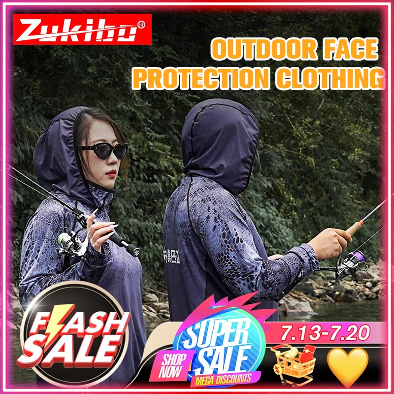 

ZUKIBO Fishing Shirt Mask Outdoor Men UV Protection Fish Hoodie Clothing Long Sleeve Breathable Sunscreen Fishing Jersey UPF 50+