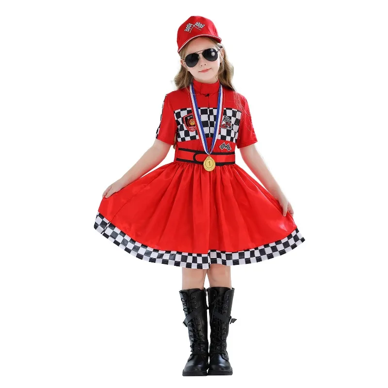 الأطفال الفتيات بدلة سباق فستان وقبعة نظارات العلم ميدالية سباق سائق لعب الأدوار زي التشجيع موحدة #3