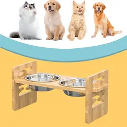 Wooden Pet Bowl Holder Adjustable Elevated Pet Bowl Stand with Tilted Platform Non-slip Feeder for Cats Dogs for Arthritis