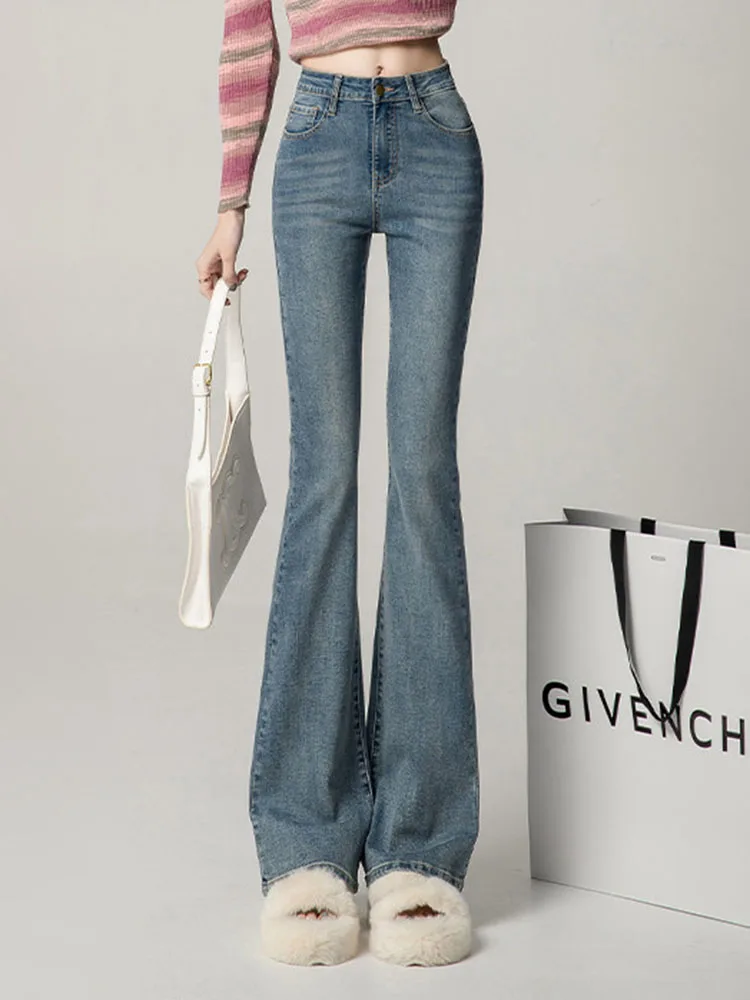Jeans skinny svasati alla moda coreana Pantaloni casual in denim a gamba larga a vita alta da donna Primavera Autunno Nuovi Vaqueros slim vintage elasticizzati