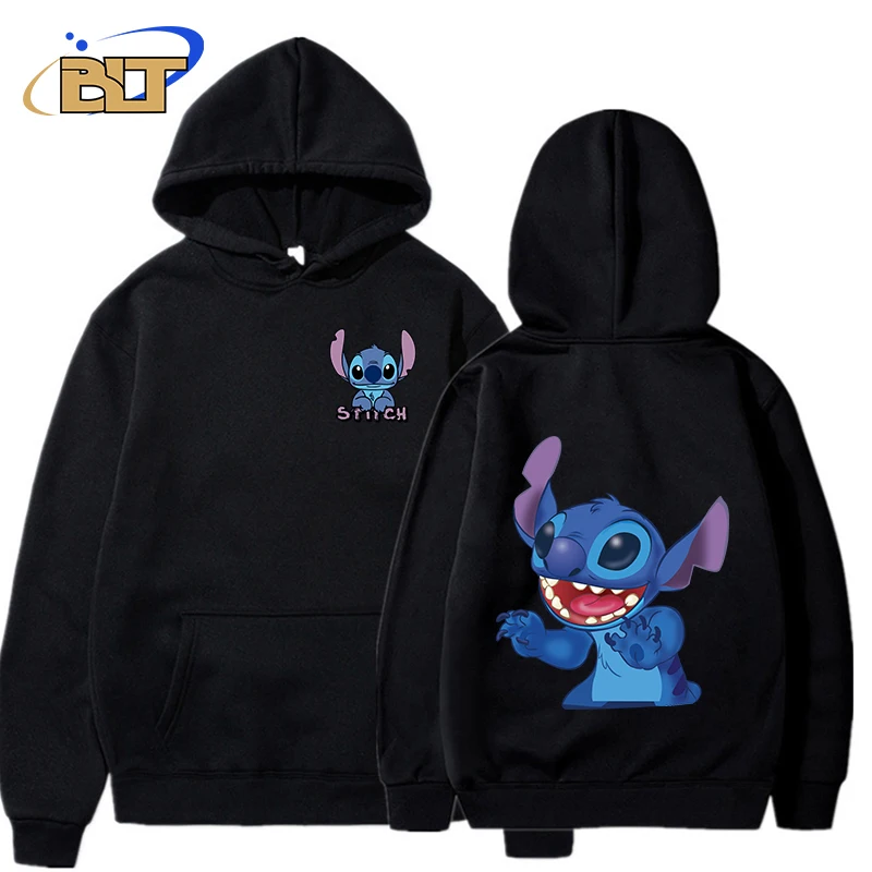 Stitch Printed Men's Autumn and Winter Hoodie Plus Fleece Sweater Black Loose Top