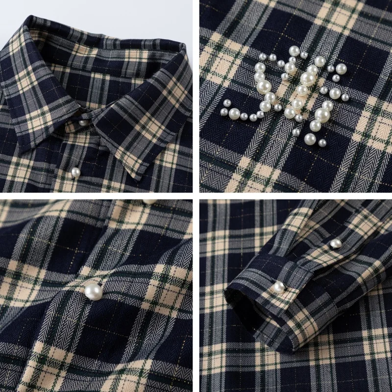 Camicia a quadri da donna Nuovo stile giapponese Manica lunga Designer Camicetta di marca di lusso a coda di rondine Top di grandi dimensioni di alta qualità da donna