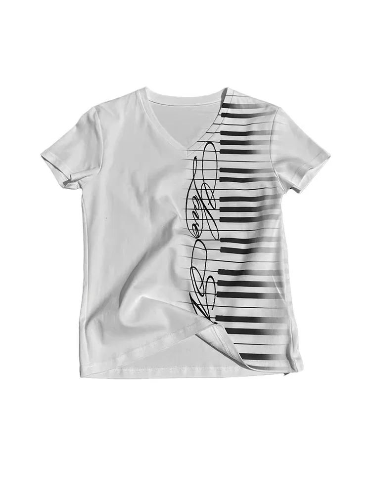 

Subcultural retro shoulder T-shirt for women with piano key print, V-neck short sleeved slim fit and slimming top for spicy girl