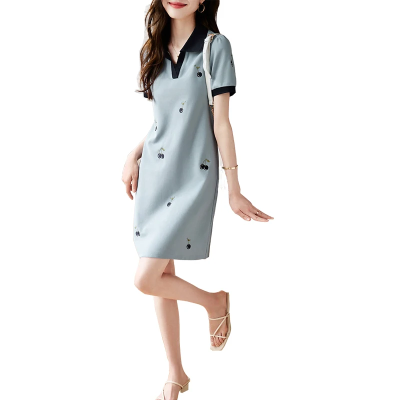 

Women's Cherry Embroidered Polo Neck Dress 2024 New High Waist Slim Short Sleeve A-line Skirt