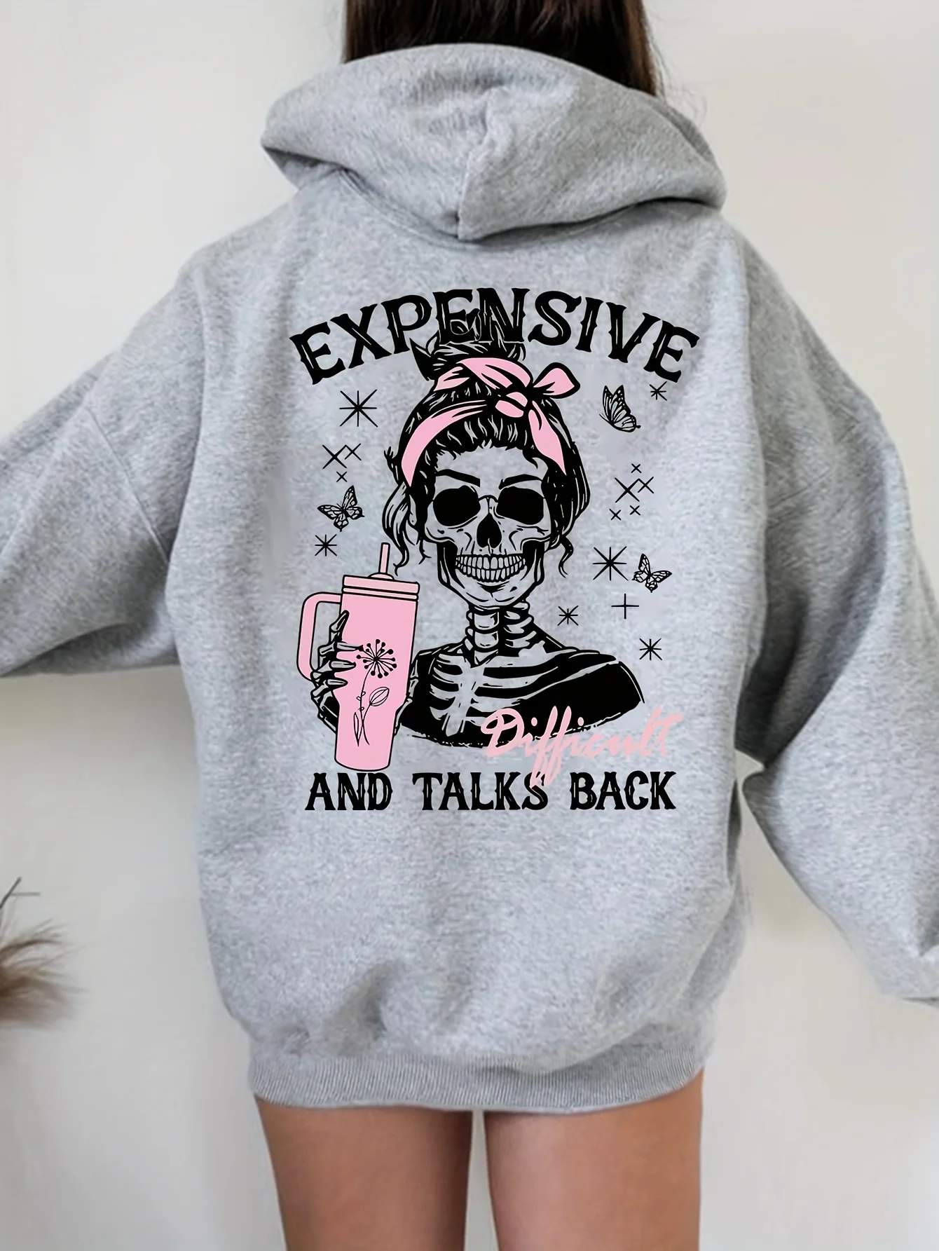 

Long Sleeve Skull Print Hoodie - Women's Trendy Casual Pullover with Kangaroo Pocket - Machine Washable Polyester