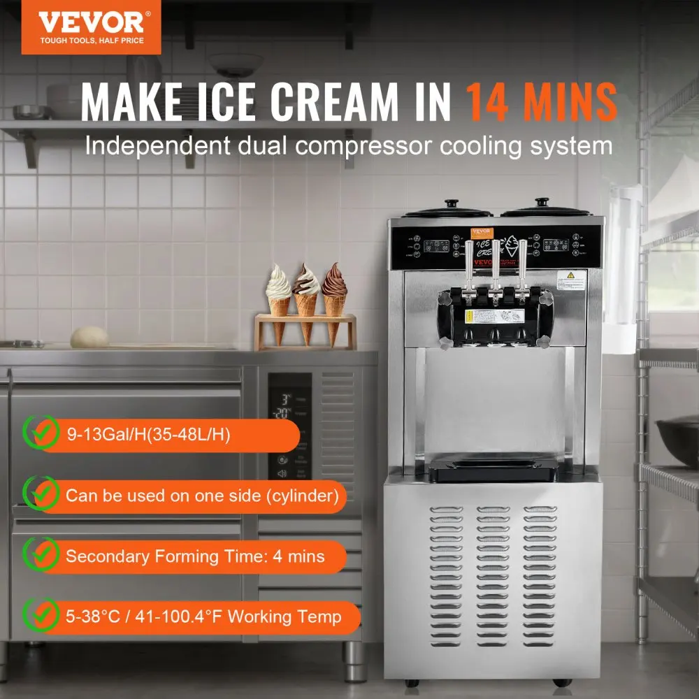 VEVOR Commercial Ice Cream Machine  Soft Serve Ice Cream Maker  Allows Single Cylinder Use Overnight Refrigeration