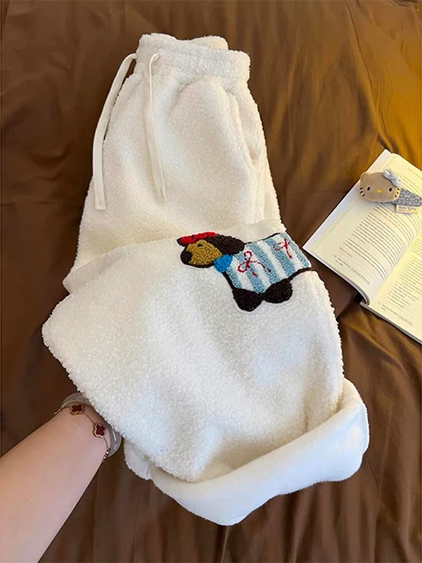 

White Sausage Dog Embroidered Lamb Fce Winter Thi Warm Fce Sweatpants Men's Straight Casual Pants Loose Fit mid Waist...