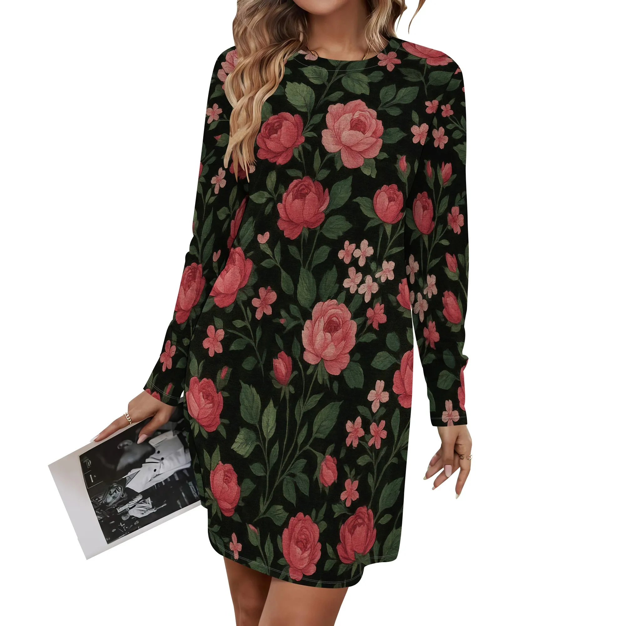 Abito casual in chiffon floreale con maniche a 3/4 Boho ampio taglie forti da donna