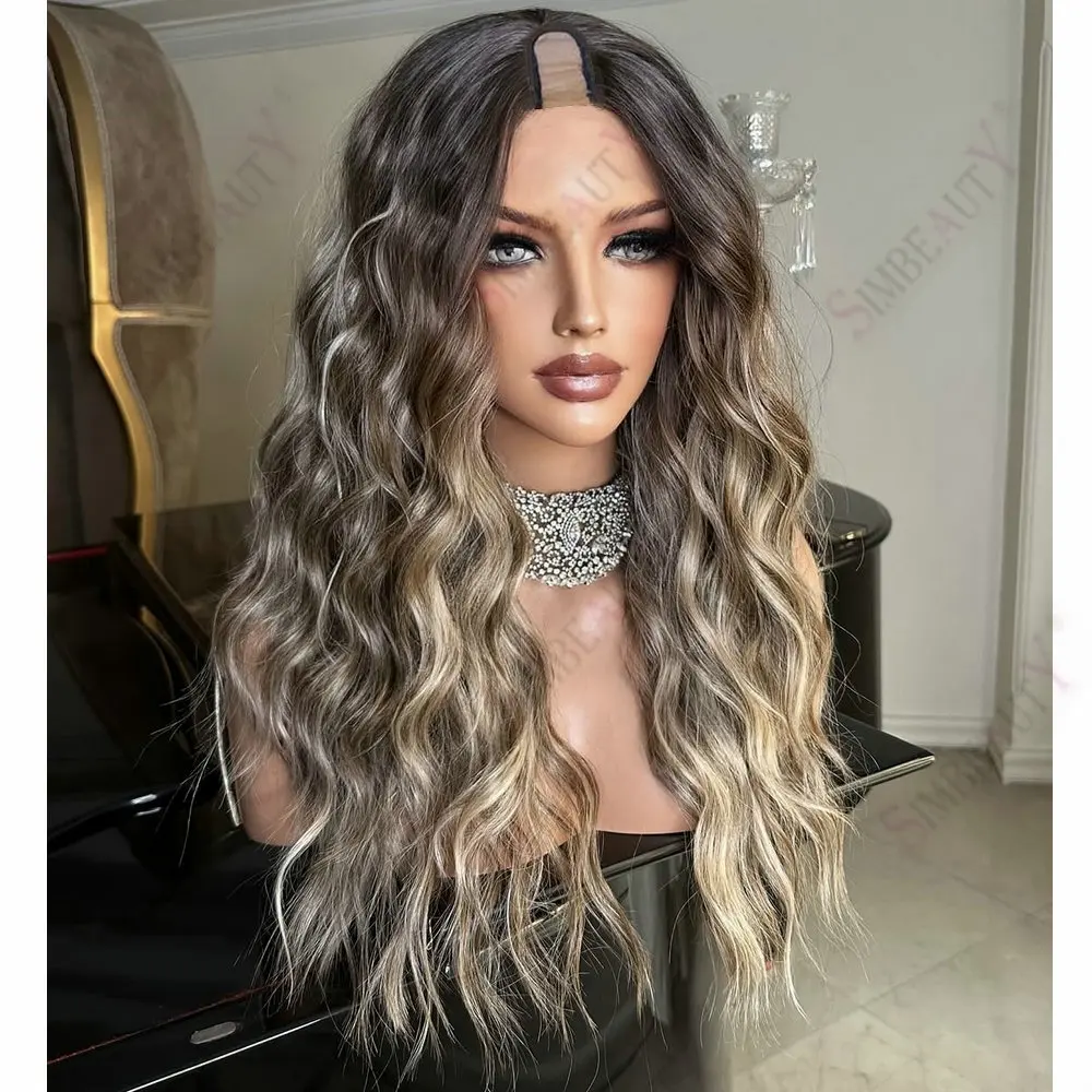 Klebefreie 1x4 U-Part Perücke aus Echthaar für Frauen, Loose Deep Wave Beige Blonde Hightlight V-Part Perücke aus europäischem Virgin Hair