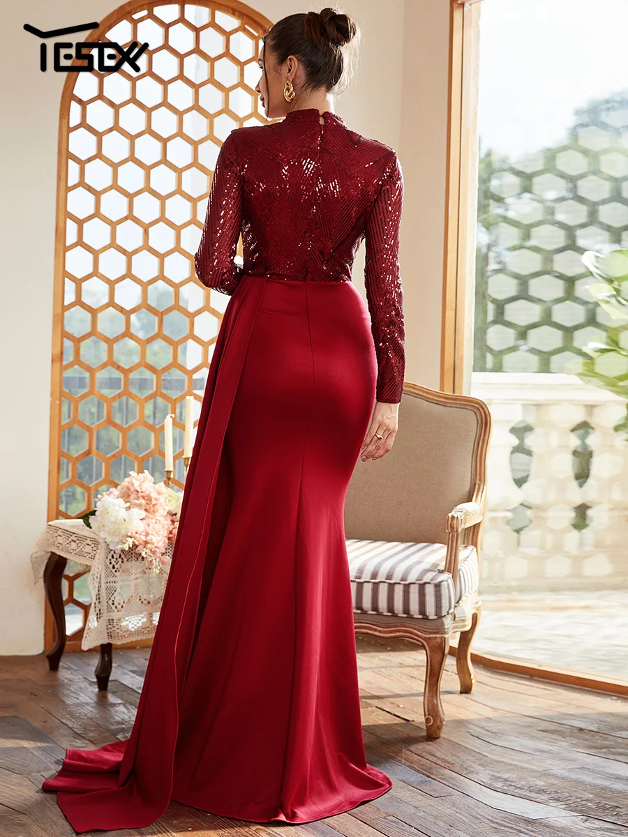 Yesexy neue formale drapieren a-Linie Langarm Pailletten rot Abschluss ball Abend Luxus elegante Party kleider für Frauen 2024 Cocktail kleid