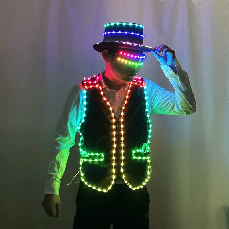 LED Rave Outfit Robot Stage Costume Light Up Jacket Vest Pants Hat Glasses for Nightclub DJ Dancer Performance Apparel Party