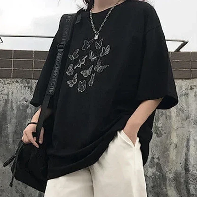 

Kawaii Harajuku Vintage Women T Shirt Cute Butterfly Print Gothic Y2K Black Short Sleeve Oversized T-shirt Casual Aesthetic Tops