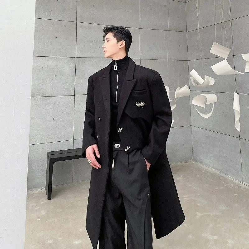 

American Sle Deconstructed Long Woolen Coat Men's Faion oulder Pad Design Loose Fit Youthful Urban Sle Single Button