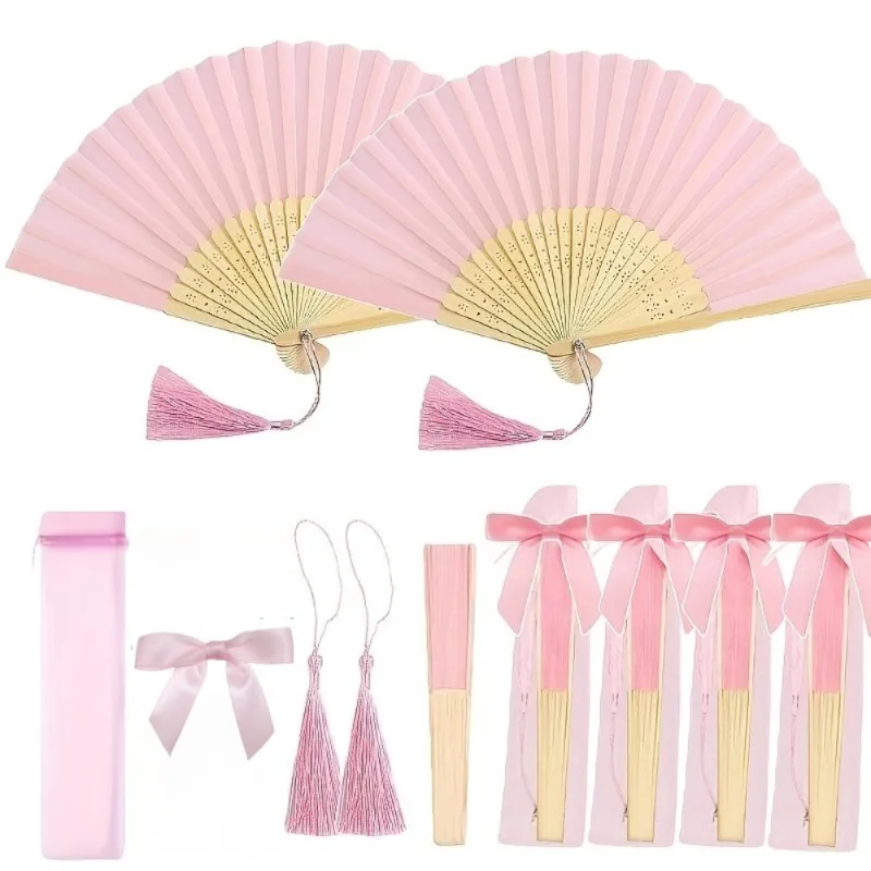 Juego de 10/20/30 Abanicos de Boda con Bolsas de Tul Transparentes, Lazo Rosa y Borlas, Abanicos Plegables para Recuerdos de Boda, Accesorios para Fotos de Damas de Honor
