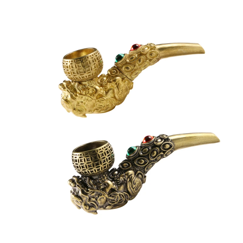 Chinese Style Antique Smoking Pipe with Gemstone and Pixiu for Men\'s Smoking and Collectible Art Piece