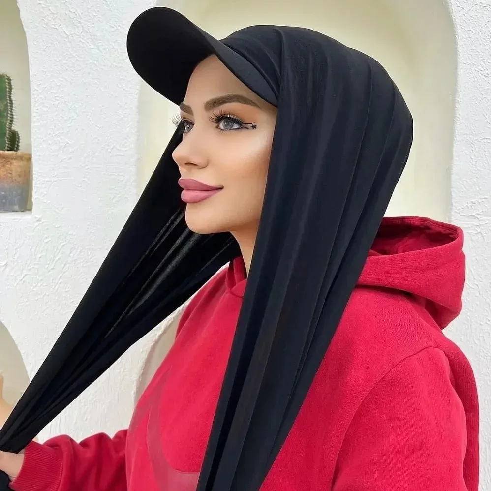 2023 New Fashion Women Hijab Baseball Caps with Instant Jersey Scarf Ready To Wear HIjab Headwrap Islamic Clothing Accessories