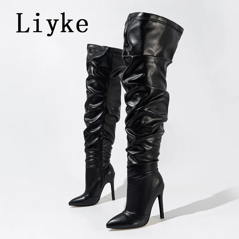 Liyke-botas altas de coxa para mulheres, acima do joelho, couro plissado aconchegante, dedo apontado, salto agulha, zip sapatos de motocicleta, outono, inverno