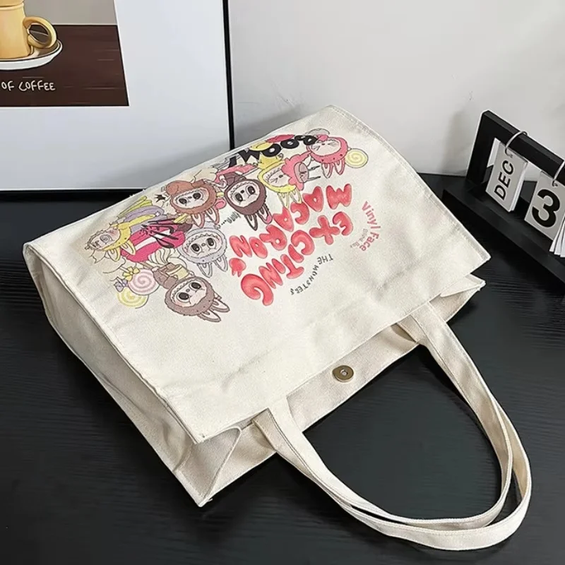 New Labubu Printed Letter Tote Bag Large Shoulder Bag Ladies Canvas Zipper Concealed Commut Everyday Joker Handbag Xmas Gift