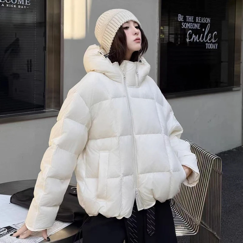

Зимняя короткая теплая куртка-пуховик с капюшоном, женские однотонные утепленные свободные куртки на молнии, женские пушистые куртки-парки на белом утином пуху