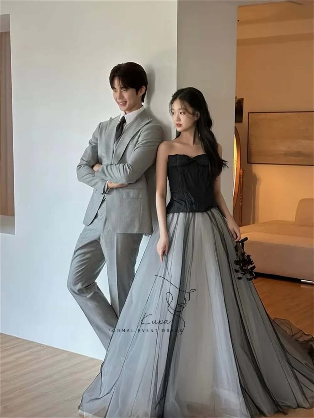 KUXA Customized Strapless Tulle A Line Long Prom Dresses Multi-layer Photo shoot Evening Gowns Formal Occasion Wedding Party