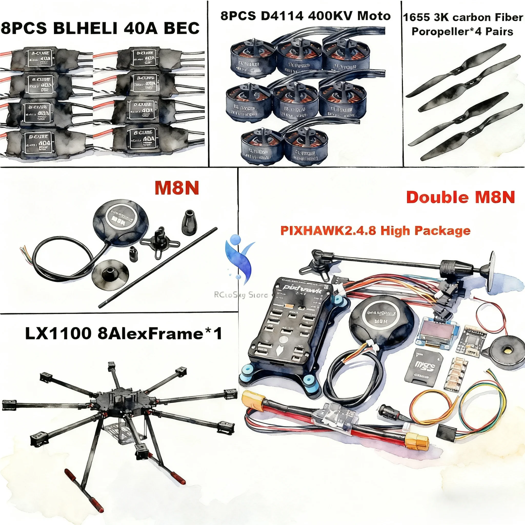 Angeltoy LX1100 Full Carbon Fiber 1100mm Octa-Rotor Frame BLHELI 40A ESC 2.4.8 Double M8N Flight Comtrol Set D4114 Motor