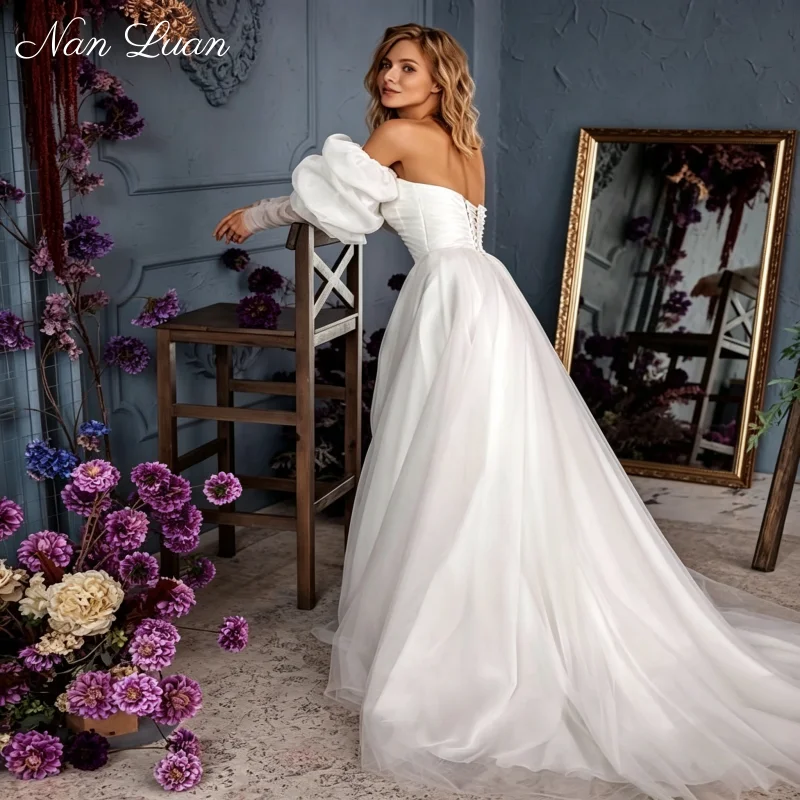 Strapless Sweetheart Neck Tulle Bridal Gown Full Corset Detachable Puff Sleeve A Line Skirt Vestidos de Novia Customized