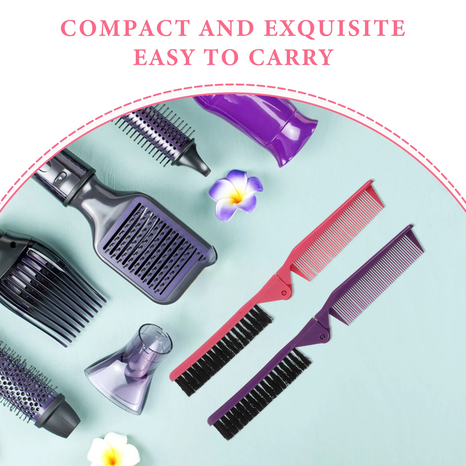 

2Pcs Foldable Portable Travel Size Foldable Brush Small Hairbrush for Women Men Deep Purple Hair Comb For Women Pink