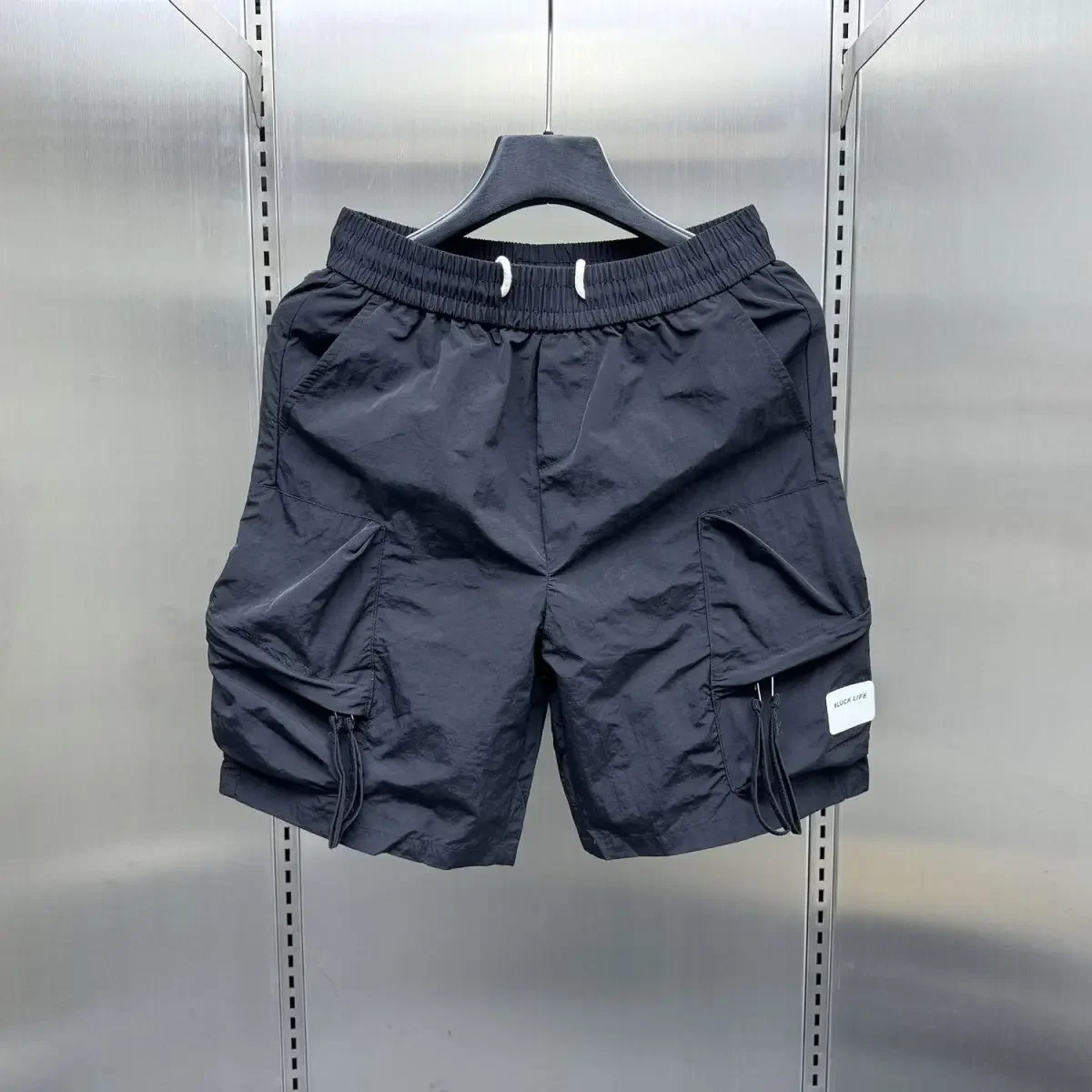 With Pockets Loose Short Pants for Men Bermuda Long Elastic Waist Solid Mens Cargo Shorts Draw String Baggy Wide Half Clothing