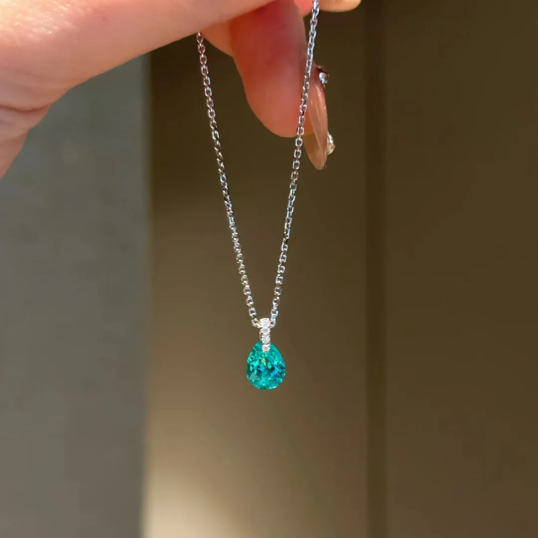 925 Silver Paraiba Blue Water Drop Pendant Necklace Suspension Ring Light Luxury Style Exquisite Green Diamond Earnail Set