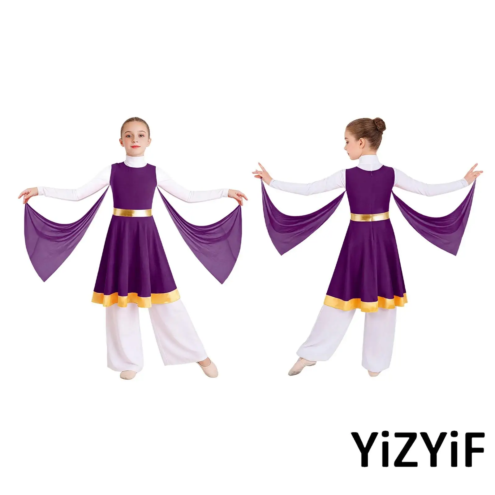 

Child Church Praise Dress Metallic Waist Back Invisible Zipper Hem with Mesh Drapes for Liturgical Lyrical Dance Performance