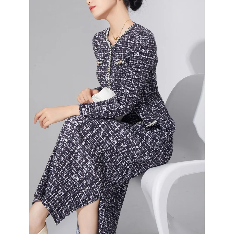 Boutique MIYAKE Style High end set temperament cardigan jacket top mid length split skirt pleated two-piece set [8331]