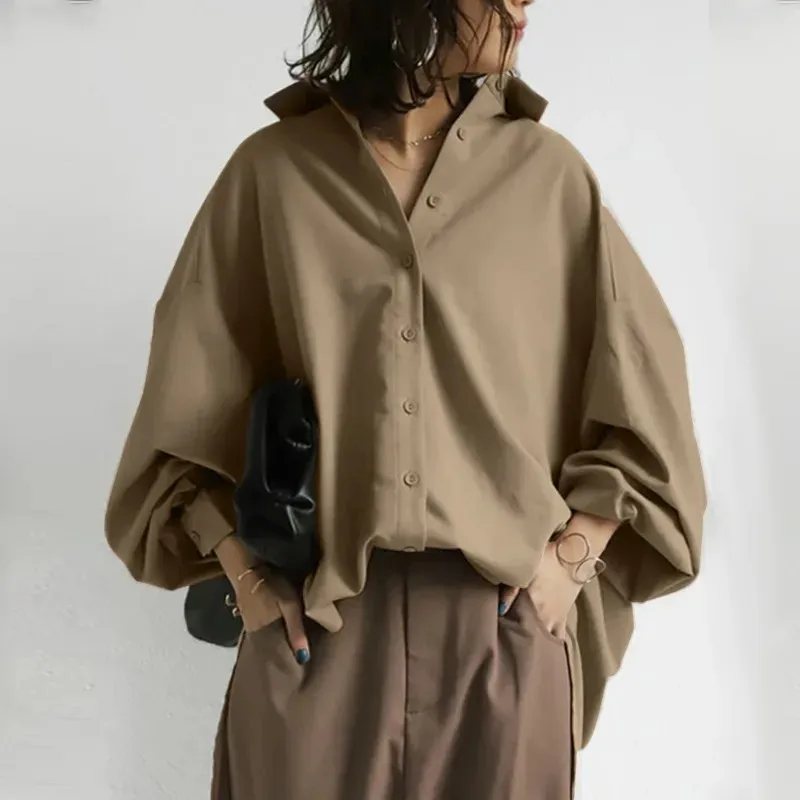 

2025 Fashion 100% Cotton Solid Color Lapel Lantern Sleeve Button Irregular Hem Shirt European and American Women's Clothing