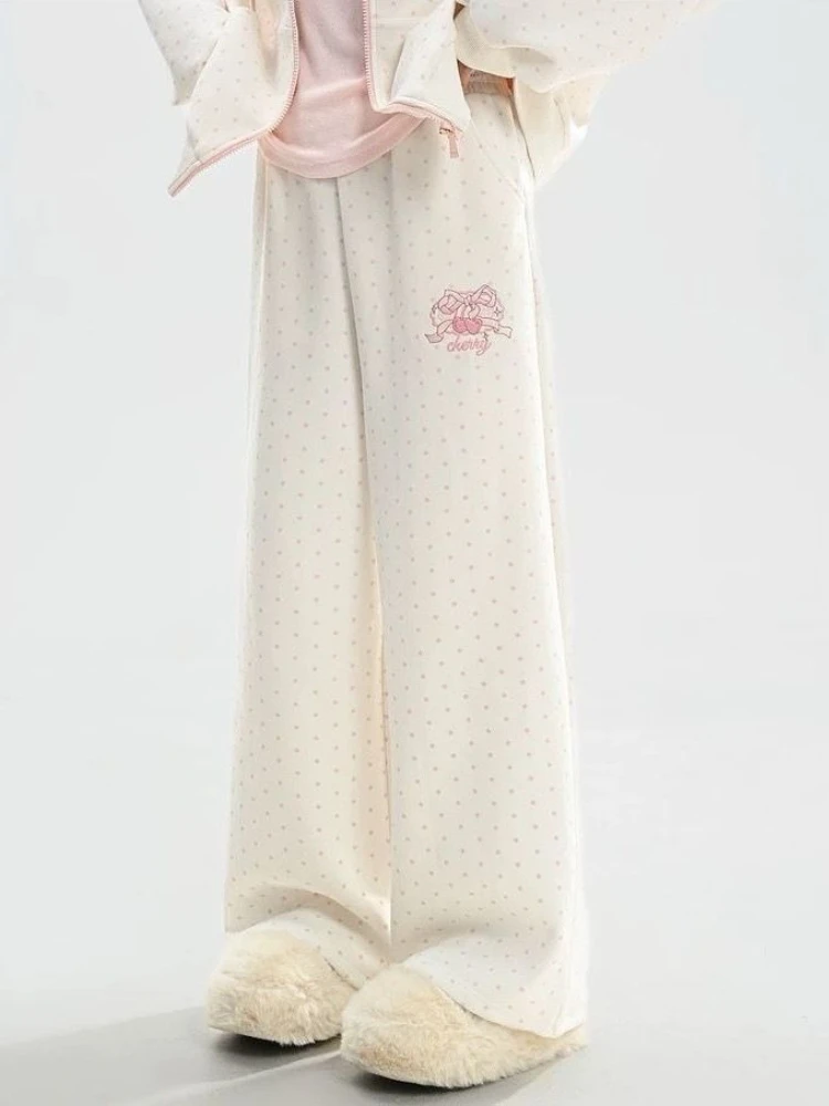 

Прямые женские брюки полной длины в японском стиле, повседневные кавайные бежевые брюки в горошек с вышивкой, тонкие, с высокой талией, на плоской подошве, осень 2023 г.