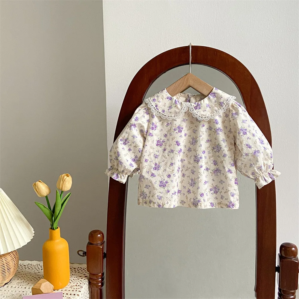 2024 Spring New in Infant Girls Cute Clothing Set 2pcs Kids Peter Pan Collar Floral Top Shirts+jumpsuits Romper Baby 3M-3Y