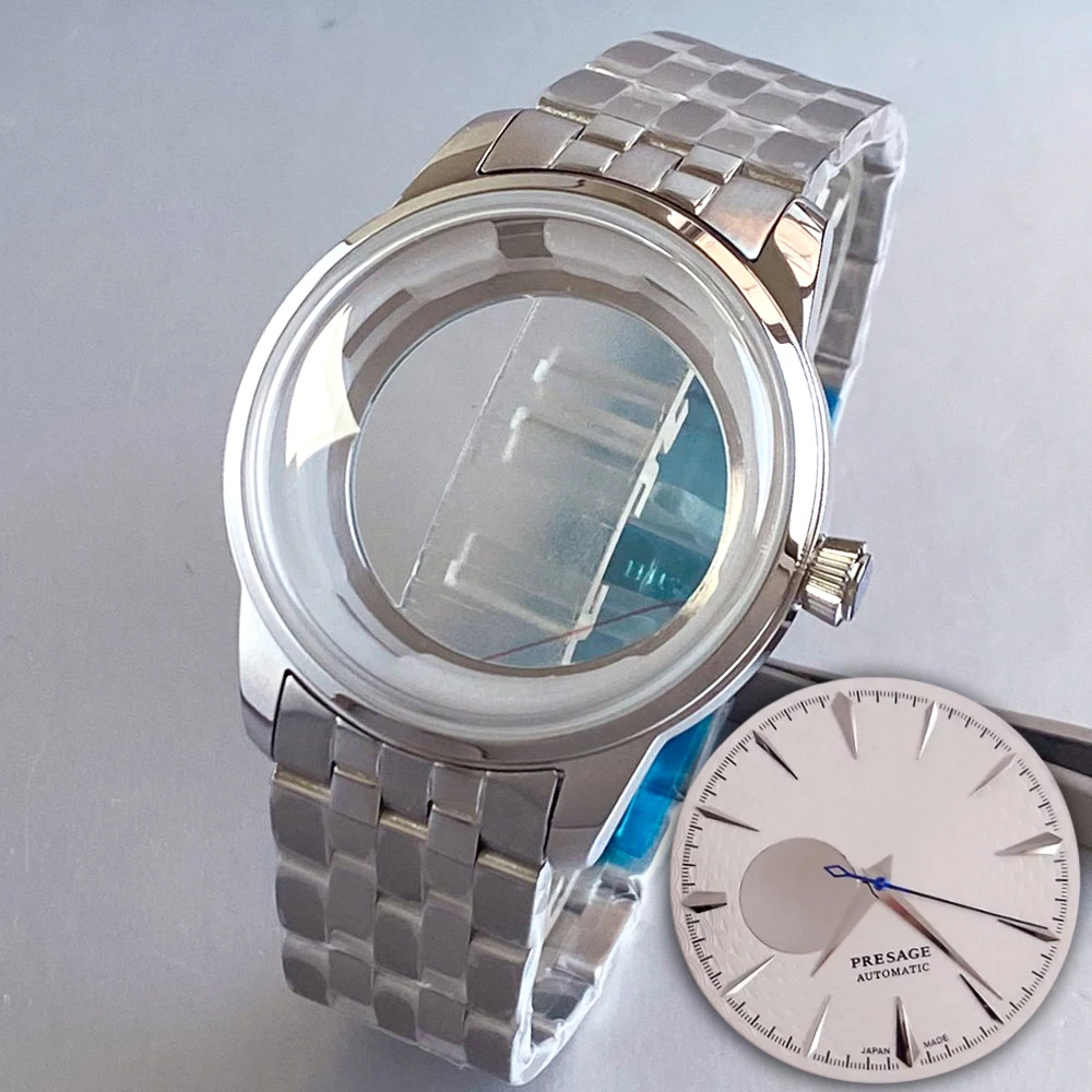 

Полированный серебристый корпус для часов из нержавеющей стали 40 мм для механизмов NH35, NH36, NH38, NH70, NH72, мужские часы, стеклянная задняя крышка, стальной браслет.