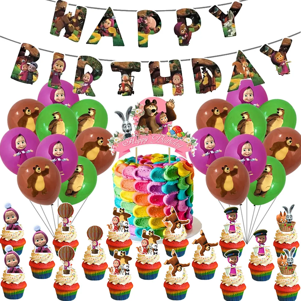 Mascha und der Bär Geburtstagsparty Banner Luftballons Teller Becher Servietten Tischdecke Mädchen Cartoon Partyzubehör Dekoration Babyparty – Detail 14