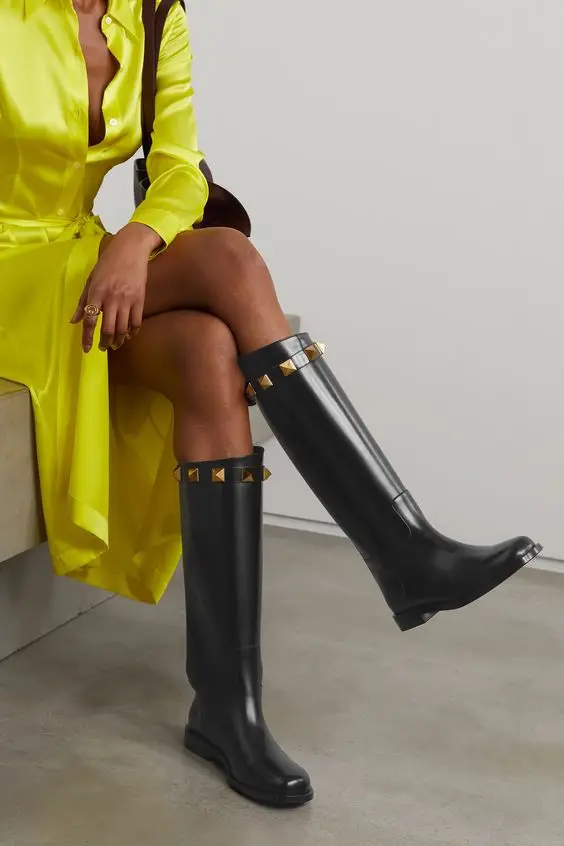 Women Fall New Stud Black Leather Flat Knee High Boots Round Toe Rivets Solid Color Tall Boots Luxury Designer Shoes Winter