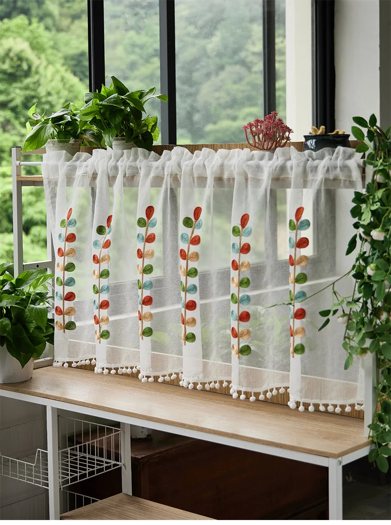 Four Color Embroidered Leaf Semi Sheer Curtain for Kitchen Living Room Decoration Cabinet Embroidered Half Curtain Rod Pocket