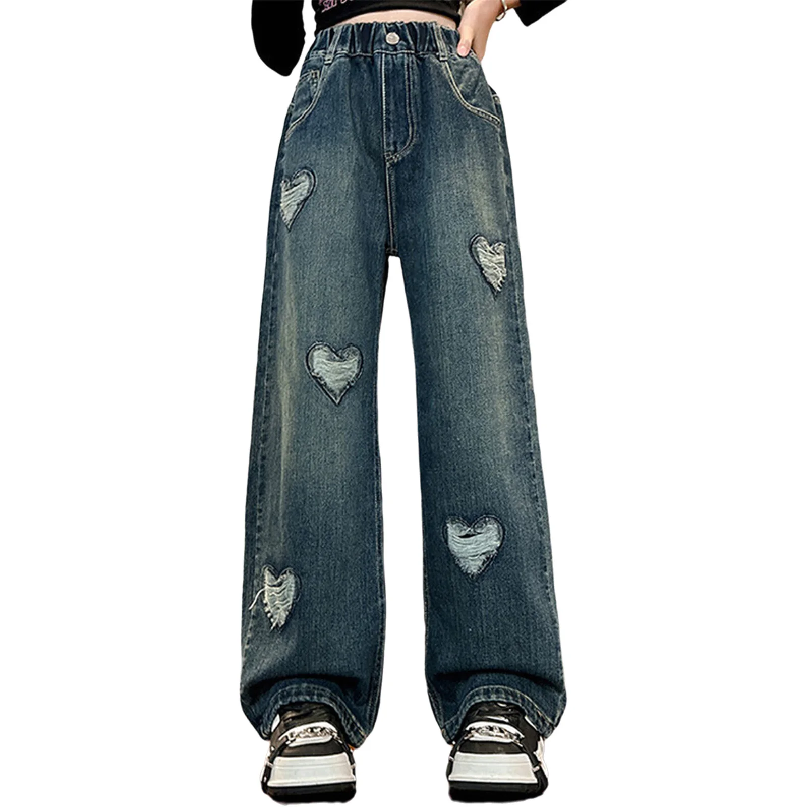 Kids Girls Ripped Heart Jeans Casual High Waist Elastic Waistband Wide-Leg Denim Pants Fashion Casual Clothes