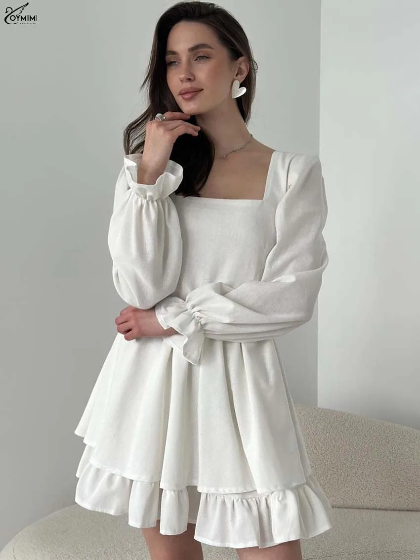 

Oymimi Autumn White Cotton Dresses 2025 Woman Fashion Square Neck Long Sleeve Open Back Dresses Elegant Lace-Up Pleated Dress