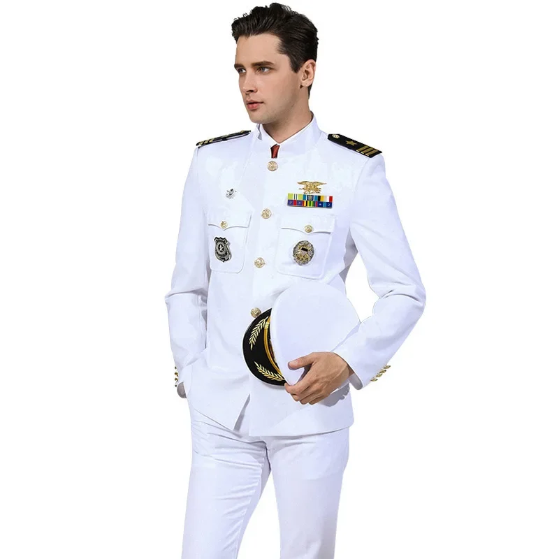 US Navy Military Uniforms White Mariner Sailor Yacht Captain American Army Officer Suits Mandarin Collar Jacket Pants Hat