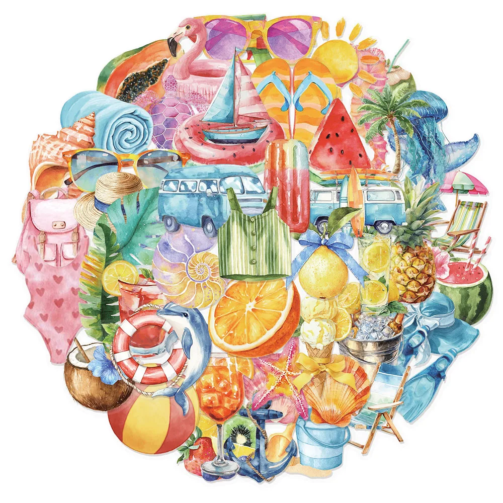 50PCS Summer Beach Refreshing Series PET Stickers Luggage Notebook Water Cup Computer Label Stickers
